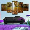 Waterfall And Autumn Leaves - Nature 5 Panel Canvas Art Wall Decor