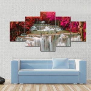 Waterfall And Red Trees - Nature 5 Panel Canvas Art Wall Decor