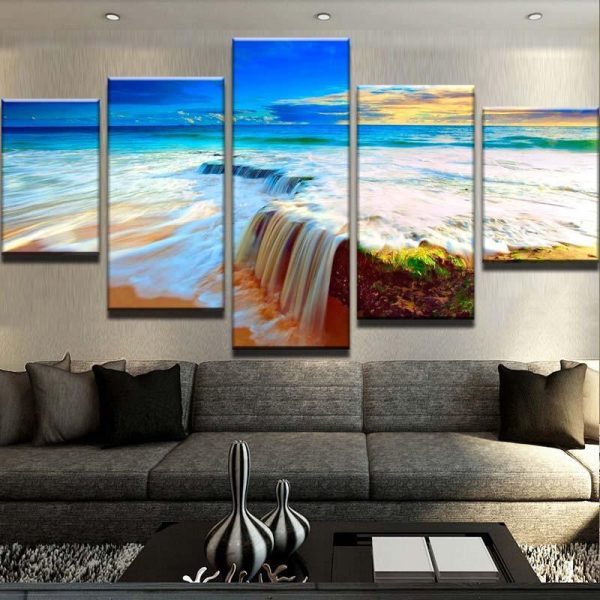 Waterfall Beach - Nature 5 Panel Canvas Art Wall Decor