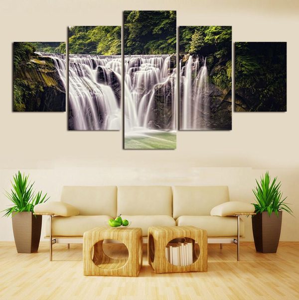 Waterfall In Motion - Nature 5 Panel Canvas Art Wall Decor