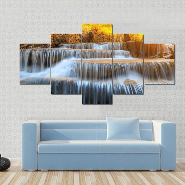 Waterfall In Yellow Forest - Nature 5 Panel Canvas Art Wall Decor