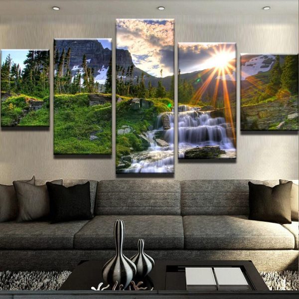 Waterfall Sunset - Nature 5 Panel Canvas Art Wall Decor