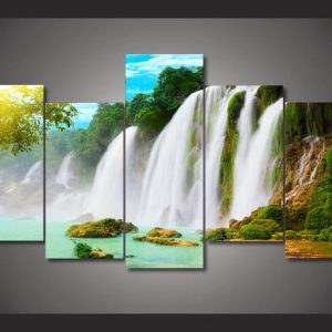 Waterfall Trees Mountain 03 - Nature 5 Panel Canvas Art Wall Decor