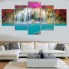 Waterfall Under Red Flowers- Nature 5 Panel Canvas Art Wall Decor