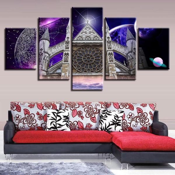 Westminster Abbey And Abstract Planets Night - Nature 5 Panel Canvas Art Wall Decor