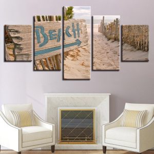 White Beach With Fence - Nature 5 Panel Canvas Art Wall Decor