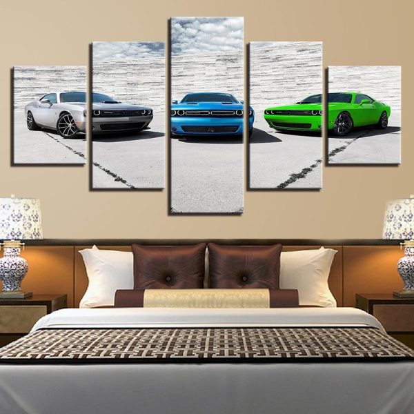 White Blue Green Car - Automative 5 Panel Canvas Art Wall Decor