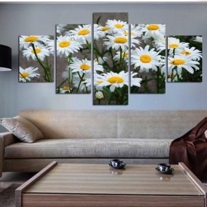 White Daisy Beautiful Sunflowers - Nature 5 Panel Canvas Art Wall Decor