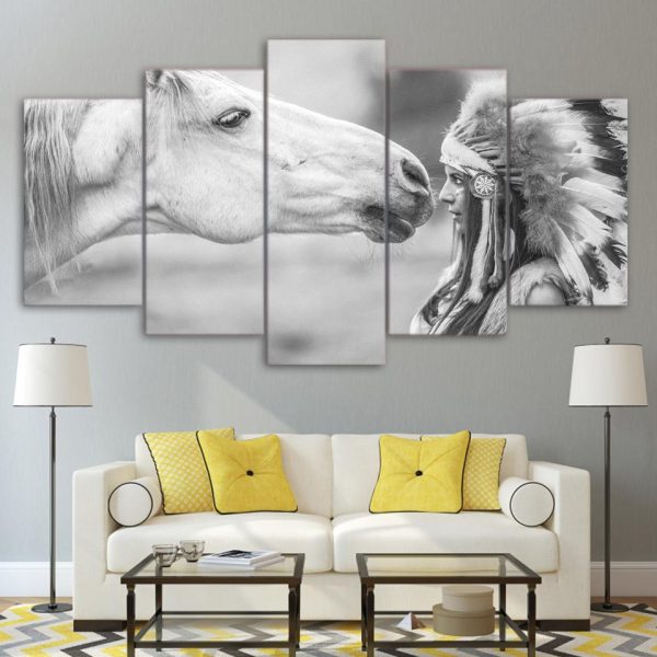 White Horse And Indians - Animal 5 Panel Canvas Art Wall Decor