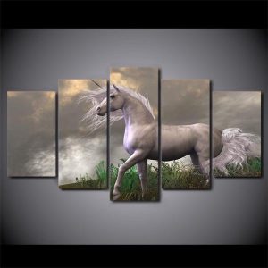 White Horse In Field 01 - Animal 5 Panel Canvas Art Wall Decor