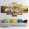 White Horses Running In The Grassland - Animal 5 Panel Canvas Art Wall Decor