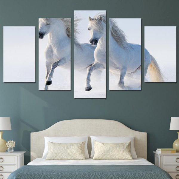 White Horses - Animal 5 Panel Canvas Art Wall Decor