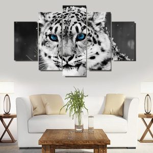 White Leopard And Itsy Blue Eyes - Animal 5 Panel Canvas Art Wall Decor