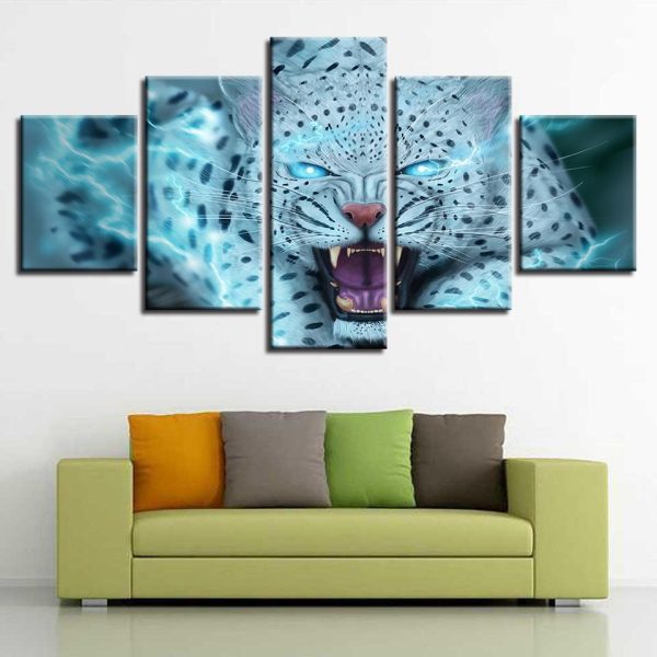 White Leopard Tiger - Abstract Animal 5 Panel Canvas Art Wall Decor