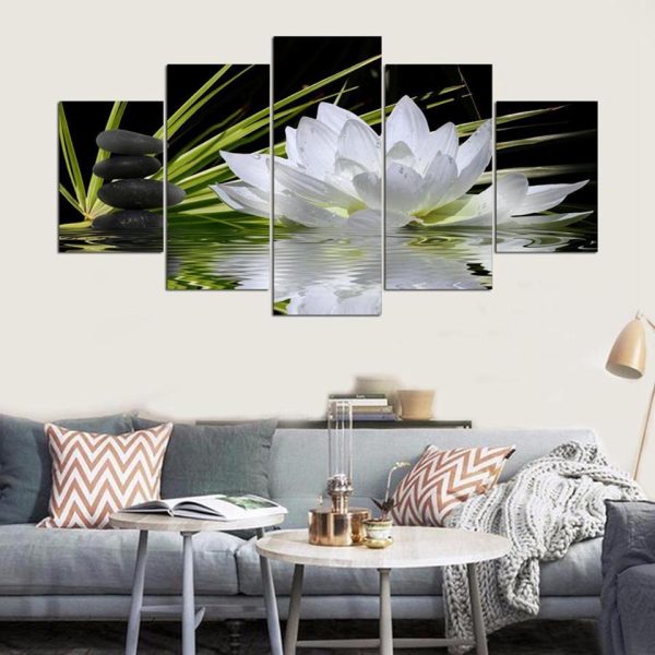 White Lotus Stones Flowers Lake Water - Nature 5 Panel Canvas Art Wall Decor