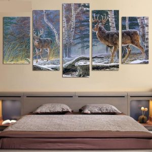 Whitetail Deer Big Buck Standoff - Animal 5 Panel Canvas Art Wall Decor