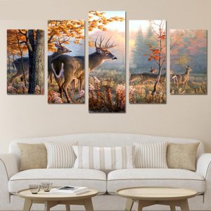 Whitetail Deer Bucks And Does - Animal 5 Panel Canvas Art Wall Decor