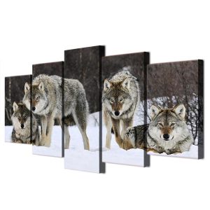 Wild Pack Of Wolves In Snow 01 - Animal 5 Panel Canvas Art Wall Decor