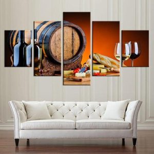 Wine Barrel & Cheese - Wine 5 Panel Canvas Art Wall Decor