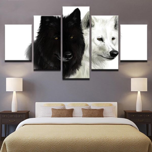 Wolf Couple Black And White - Animal 5 Panel Canvas Art Wall Decor