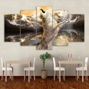 Wolf Howling Animal Sky Shouts - Animal 5 Panel Canvas Art Wall Decor