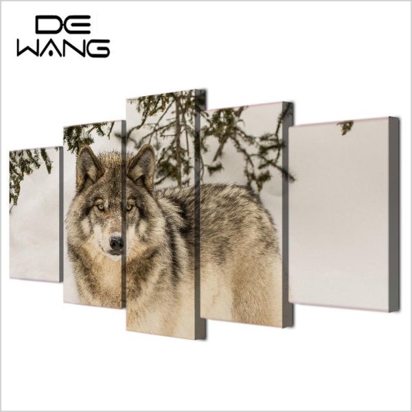 Wolf In Snow - Animal 5 Panel Canvas Art Wall Decor