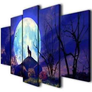 Wolf In The Moon Night - Nature 5 Panel Canvas Art Wall Decor