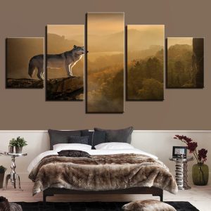 Wolf Mountain Lake - Animal 5 Panel Canvas Art Wall Decor