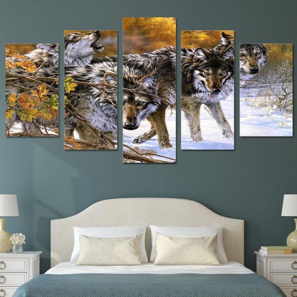 Wolf On Snowy Mountain - Animal 5 Panel Canvas Art Wall Decor