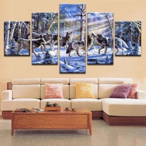 Wolf Pack In The Winter Forest - Animal 5 Panel Canvas Art Wall Decor