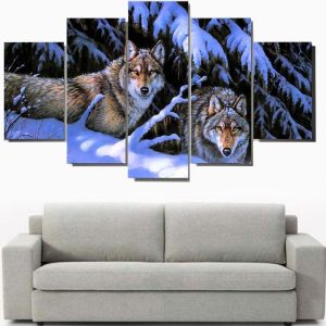 Wolf Under Moonlight - Animal 5 Panel Canvas Art Wall Decor