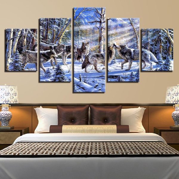 Wolf group 2 - Animal 5 Panel Canvas Art Wall Decor