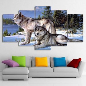 Wolves In The Snow Winter 01 - Animal 5 Panel Canvas Art Wall Decor