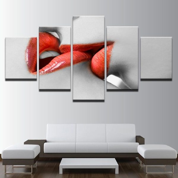 Woman Red Lipstick Red Lips Kiss Artistic - Abstract 5 Panel Canvas Art Wall Decor