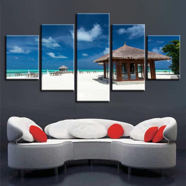 Wood Pavilion And Beach Blue Sky White Cloud - Nature 5 Panel Canvas Art Wall Decor