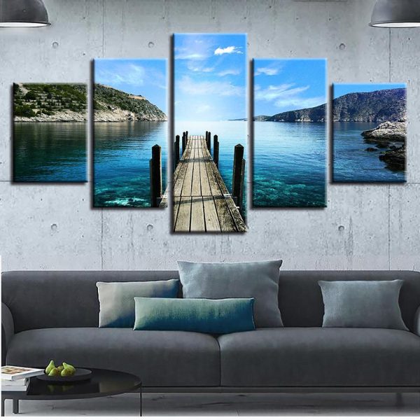 Wooden Bridge Lake - Nature 5 Panel Canvas Art Wall Decor