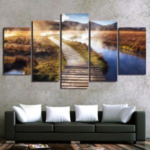 Wooden Walkway Boardwalk - Nature 5 Panel Canvas Art Wall Decor