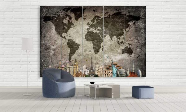 World Map Dark Overlay - World Map 5 Panel Canvas Art Wall Decor