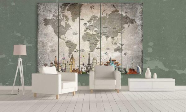 World Map Light Overlay 02 - World Map 5 Panel Canvas Art Wall Decor