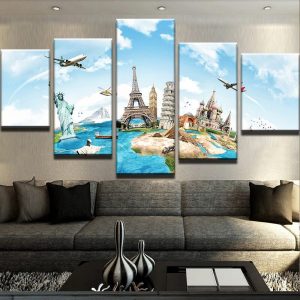 World Map No2 - World Map 5 Panel Canvas Art Wall Decor