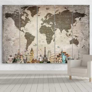 World Map Overlay With Light Tone Of City Names - World Map 5 Panel Canvas Art Wall Decor