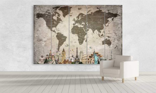 World Map Overlay With Light Tone Of City Names - World Map 5 Panel Canvas Art Wall Decor