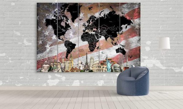 World Map Usa Flag Overlay - World Map 5 Panel Canvas Art Wall Decor