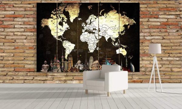 World Map- World Map 5 Panel Canvas Art Wall Decor