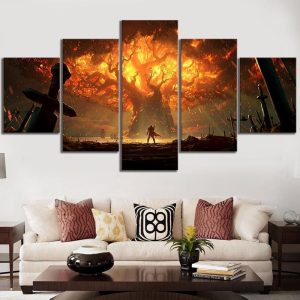 World Of Warcraft Big Tree Burning Gaming - 5 Panel Canvas Art Wall Decor