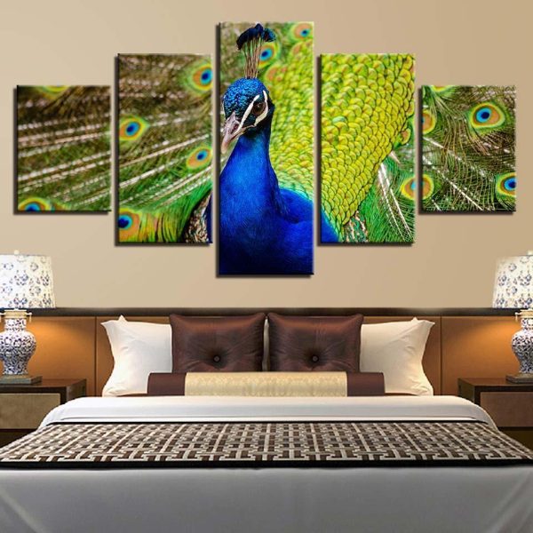 Xblue Peacock Green Tailcreen - Animal 5 Panel Canvas Art Wall Decor