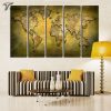 Yellow 3D World Map - Worl Map 5 Panel Canvas Art Wall Decor