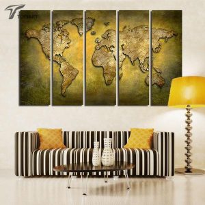 Yellow 3D World Map - Worl Map 5 Panel Canvas Art Wall Decor