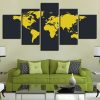 Yellow And Black World Map - Abstract 5 Panel Canvas Art Wall Decor