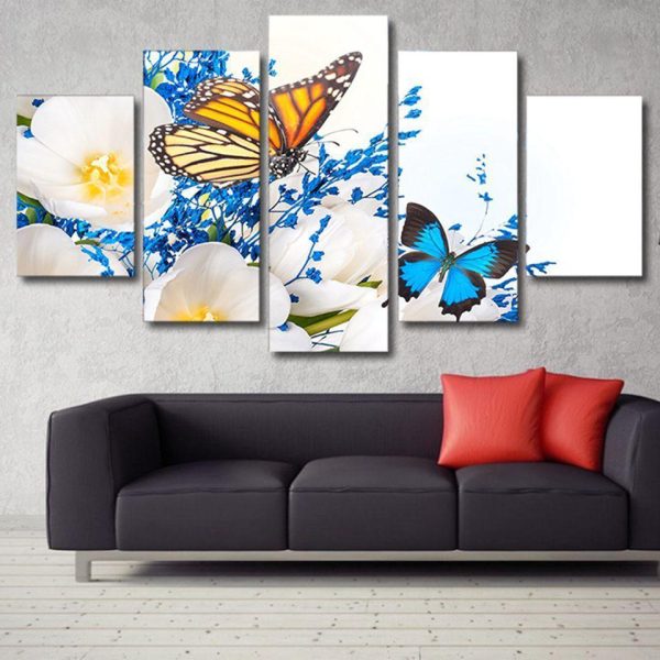 Yellow And Blue Butterflies - Animal 5 Panel Canvas Art Wall Decor